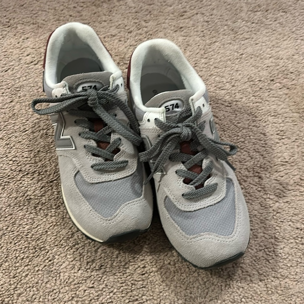Grey and Maroon Women’s New Balance 574, size 8.5.